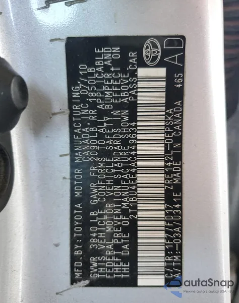 2010 Toyota Corolla Base из США, поврежденный, VIN 2T1BU4EE4AC449634